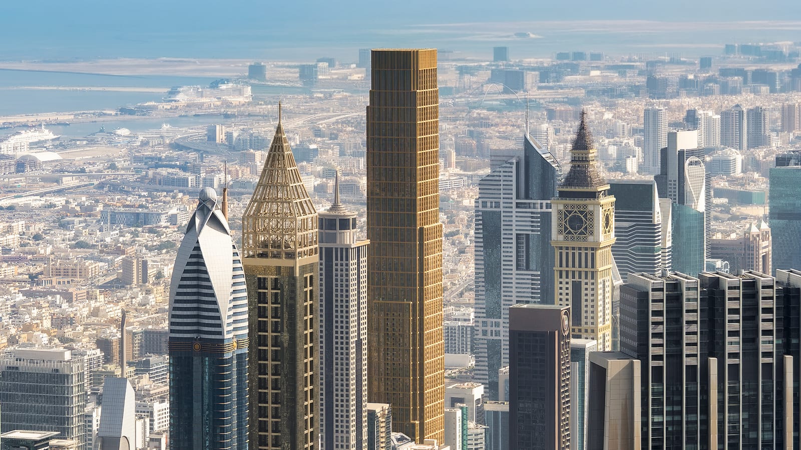 City Tower 1, the tall gold tower in the centre of the Dubai skyline