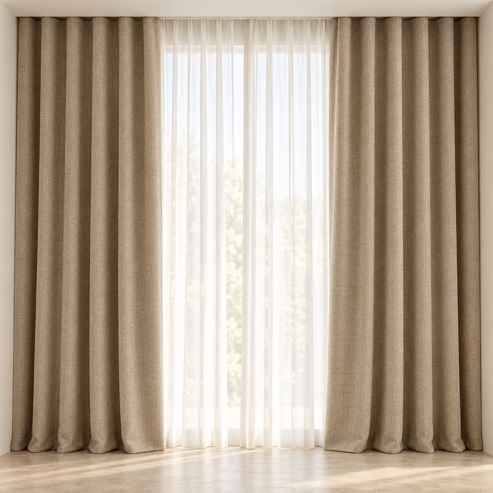Taupe curtains and ivory sheers, illustrative concept